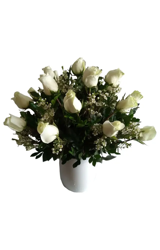 ARREGLO 24 ROSAS EN BASE DE CERÁMICA BLANCA