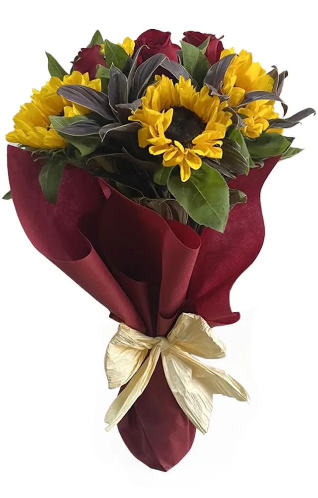 RAMO DE ROSAS Y GIRASOLES EN TELA