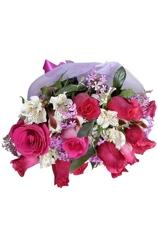 RAMO DE 12 ROSAS FUCSIAS Y ASTROMELIAS EN MALLA