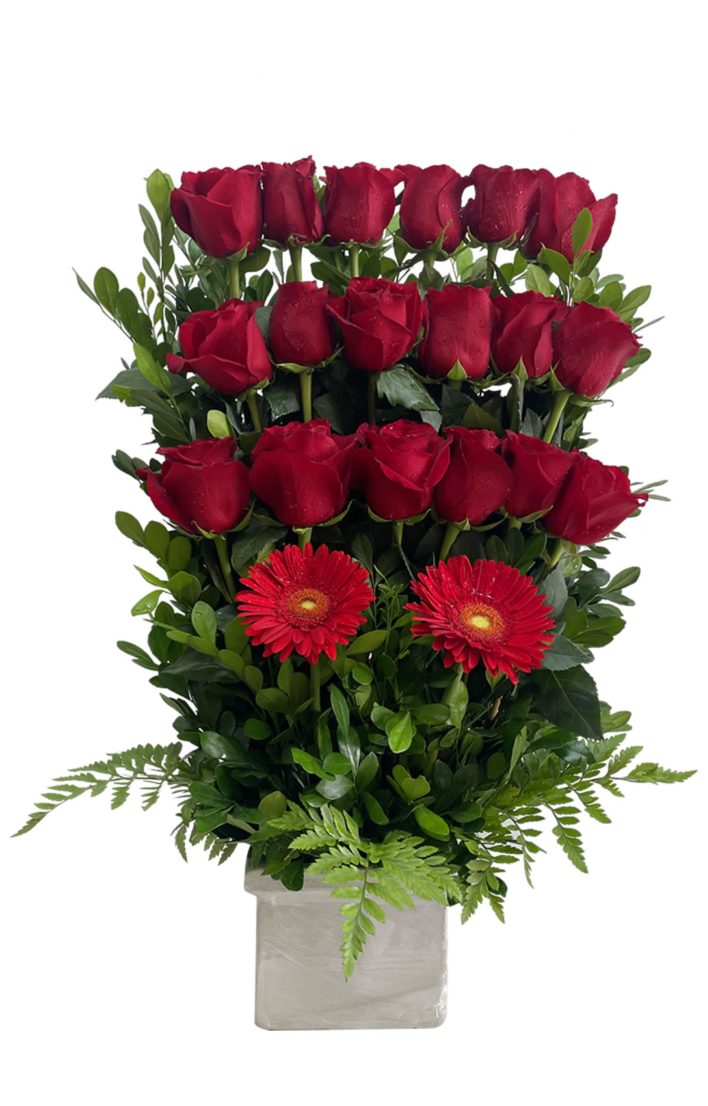 ARREGLO 3 NIVELES DE ROSAS ROJAS