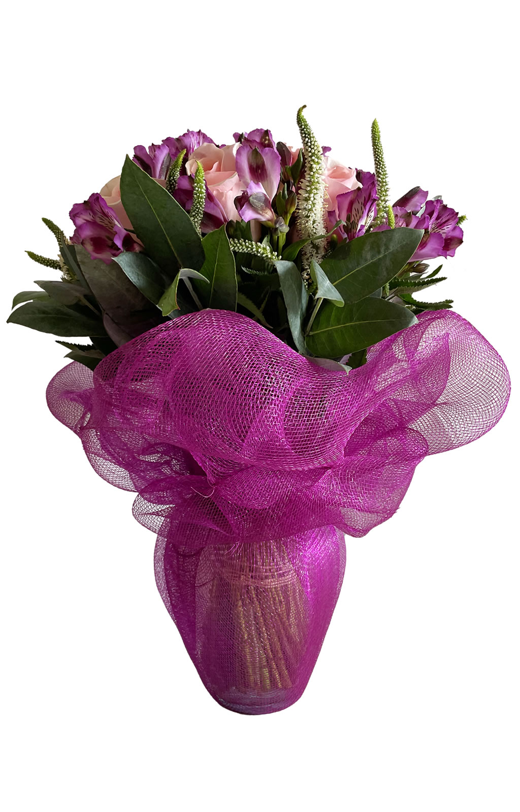 ASTROMELIAS CON 15 ROSAS EN MALLA