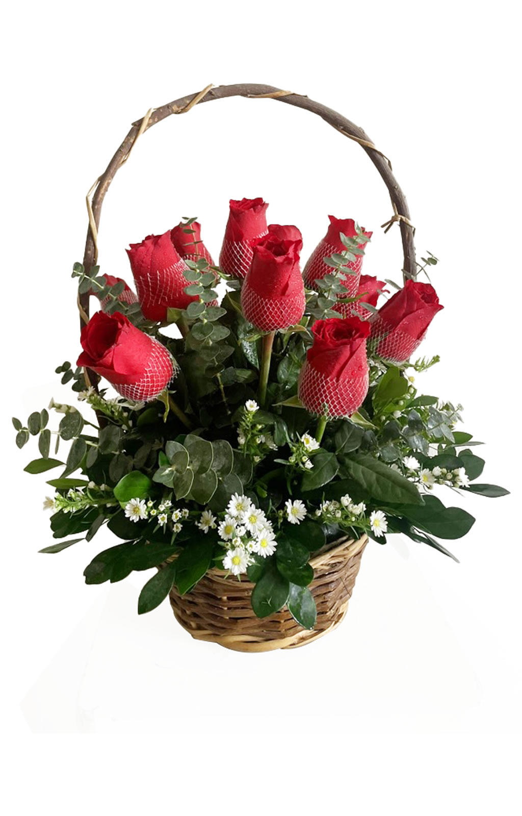 DOCENA DE ROSAS EN CANASTA