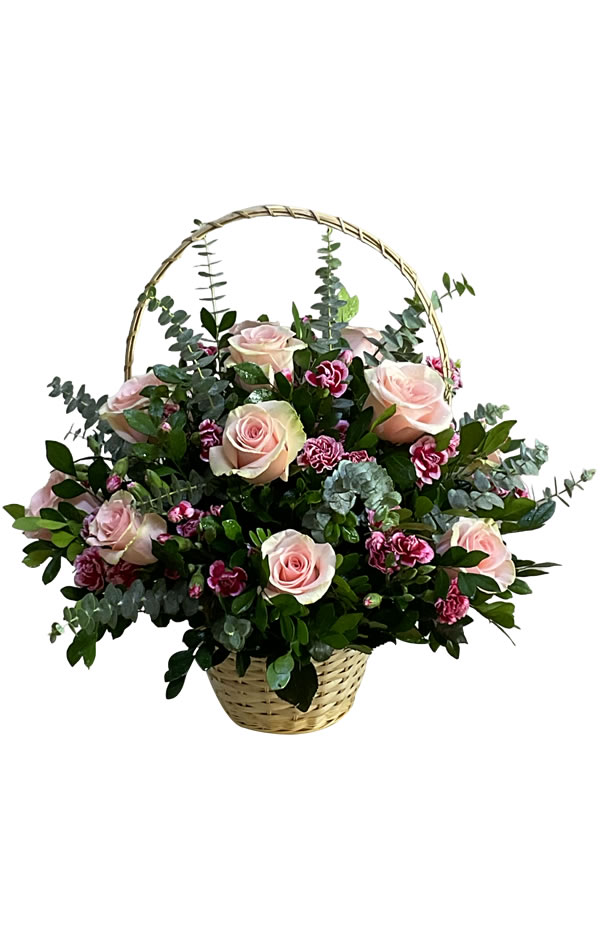 CANASTA DE 12 ROSAS Y CLAVEL SPRAY