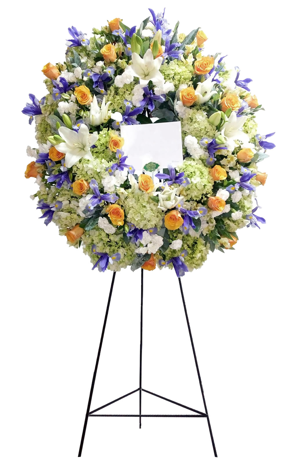 CORONA DE DEFUNCIÓN CON ROSAS E IRIS