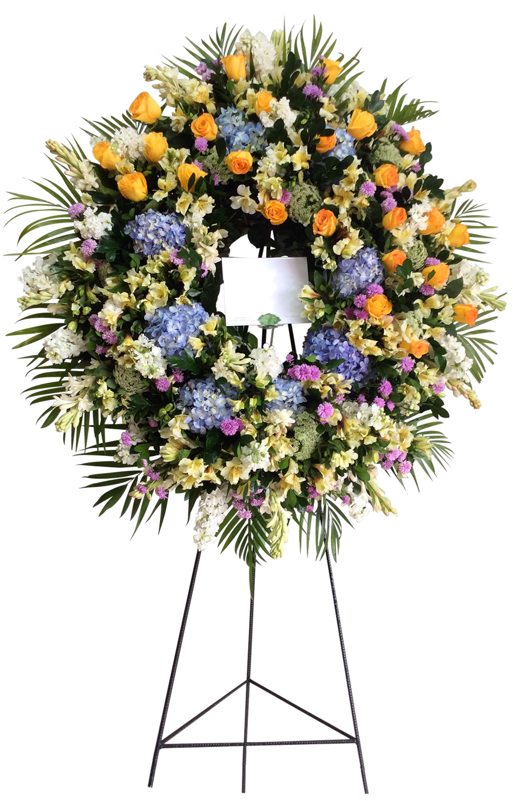 CORONA DE DEFUNCIÓN CON ROSAS Y HORTENSIAS