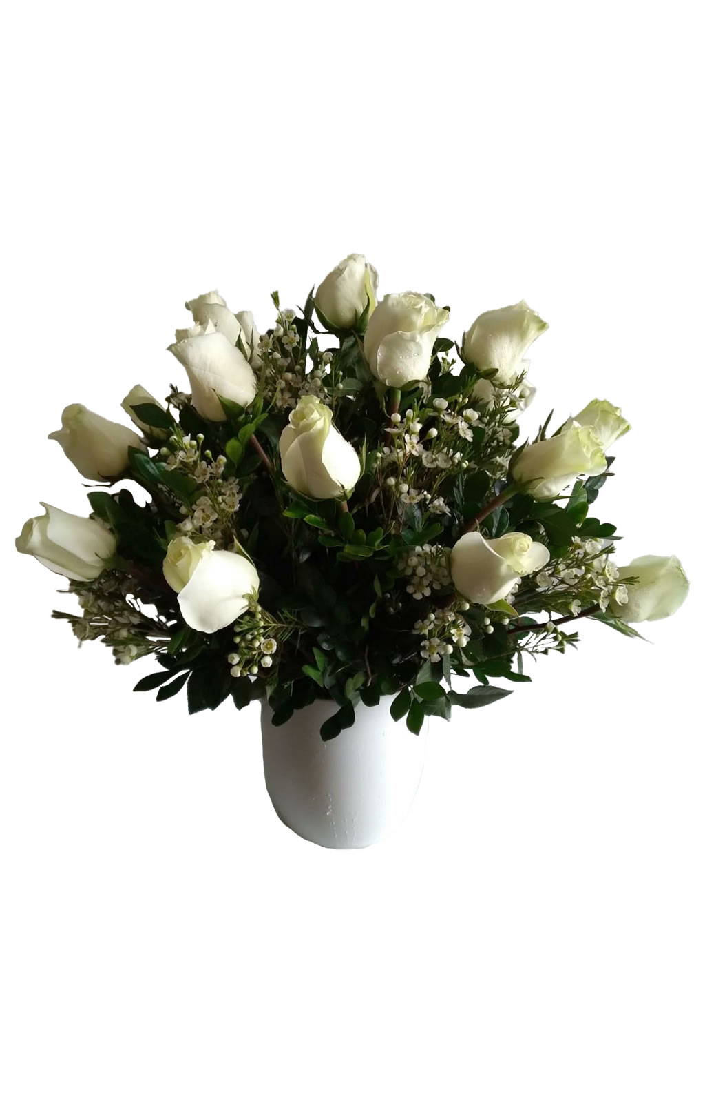 ARREGLO 24 ROSAS EN BASE DE CERÁMICA BLANCA