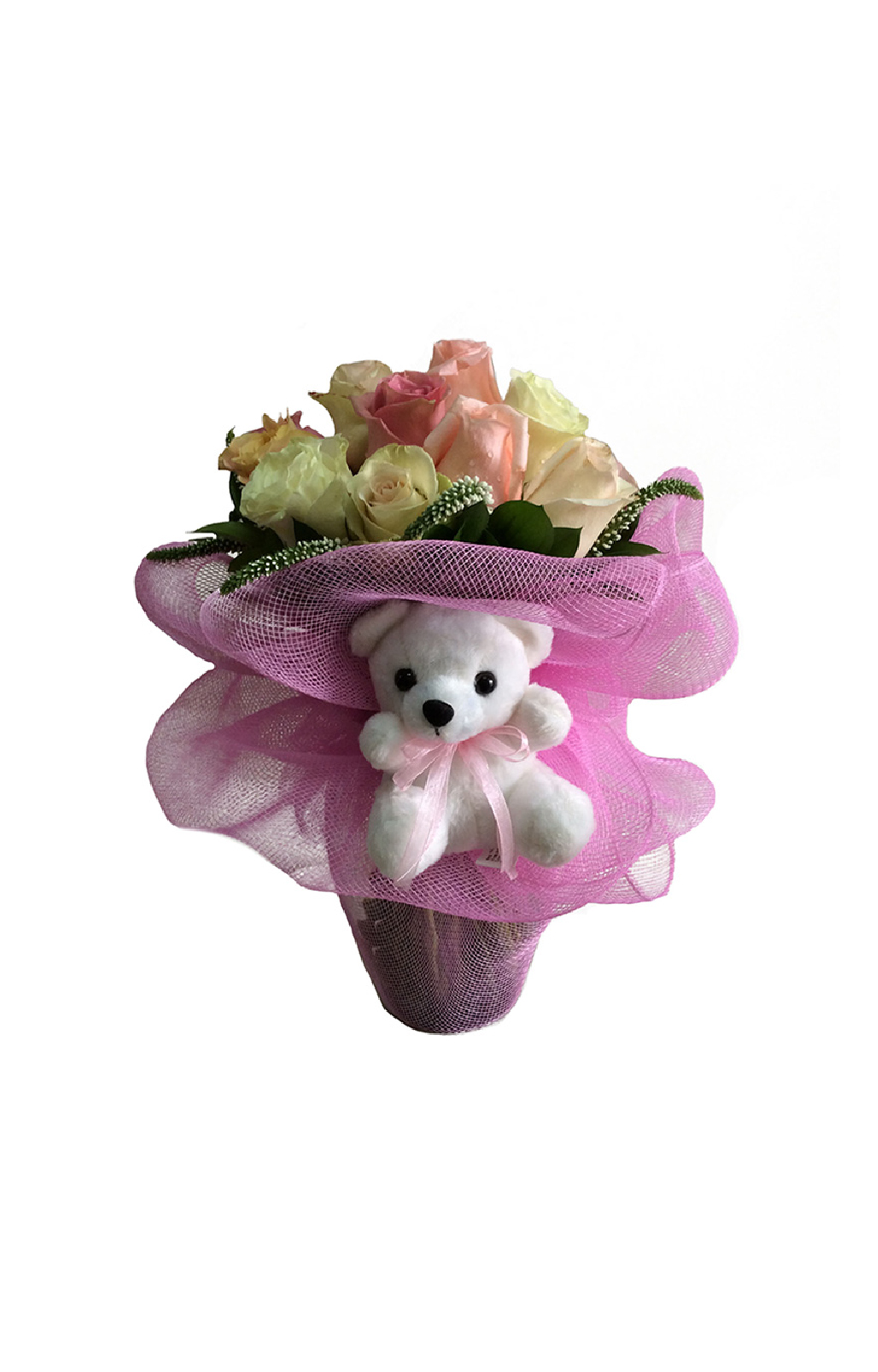 ARREGLO CON MALLA MODELO BOUQUET CON PELUCHE