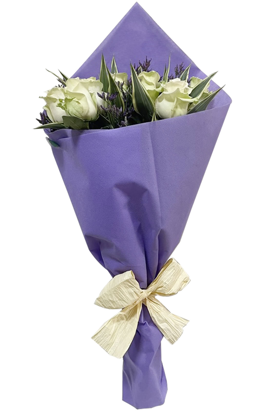 RAMO DE 12 ROSAS BLANCAS CON FOLLAJE EN TELA