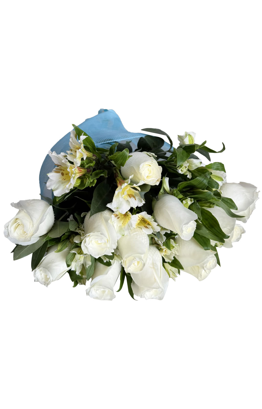 RAMO DE 12 ROSAS BLANCAS EN MALLA