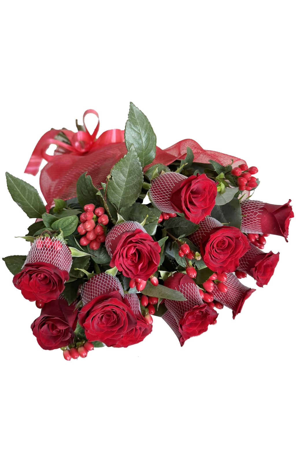 RAMO DE 12 ROSAS E HIPÉRICO EN MALLA