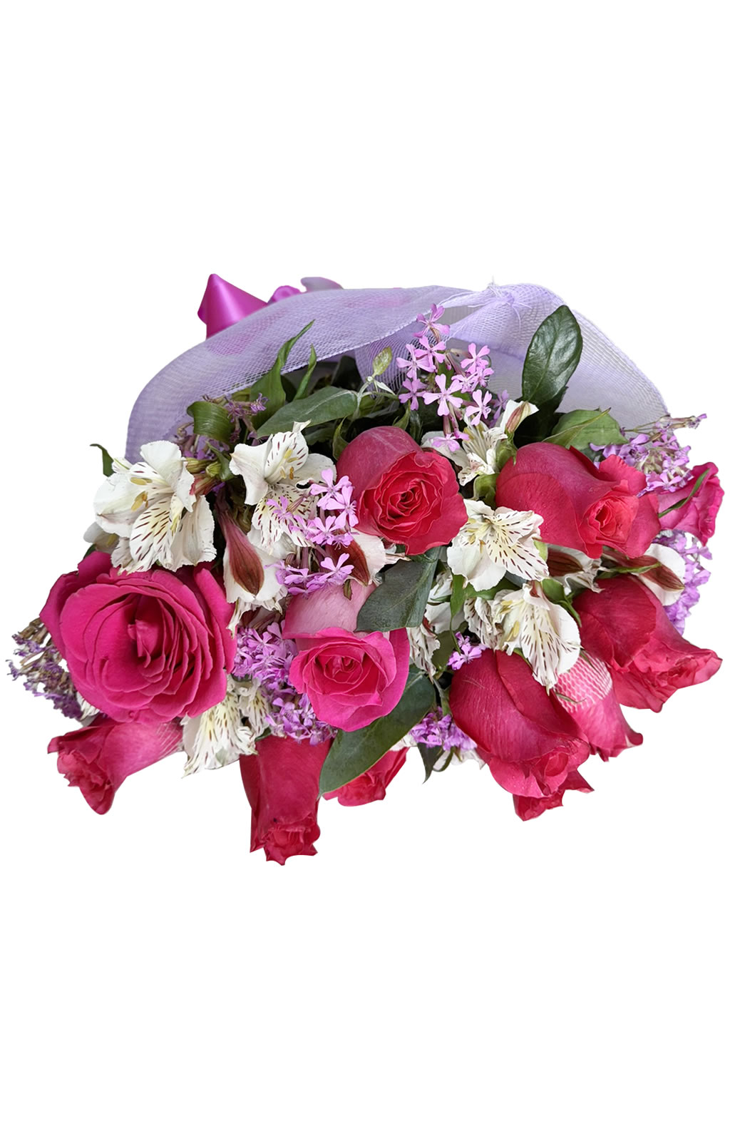 RAMO DE 12 ROSAS FUCSIAS Y ASTROMELIAS EN MALLA