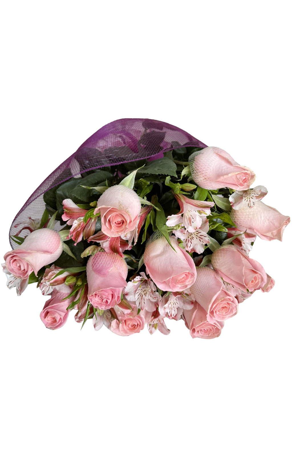 RAMO DE 12 ROSAS Y ASTROMELIAS EN MALLA