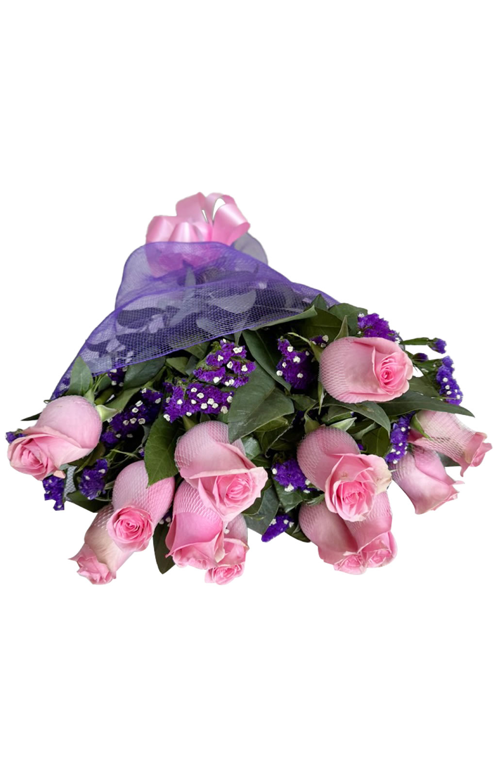 RAMO DE 12 ROSAS Y ESTATIS EN MALLA