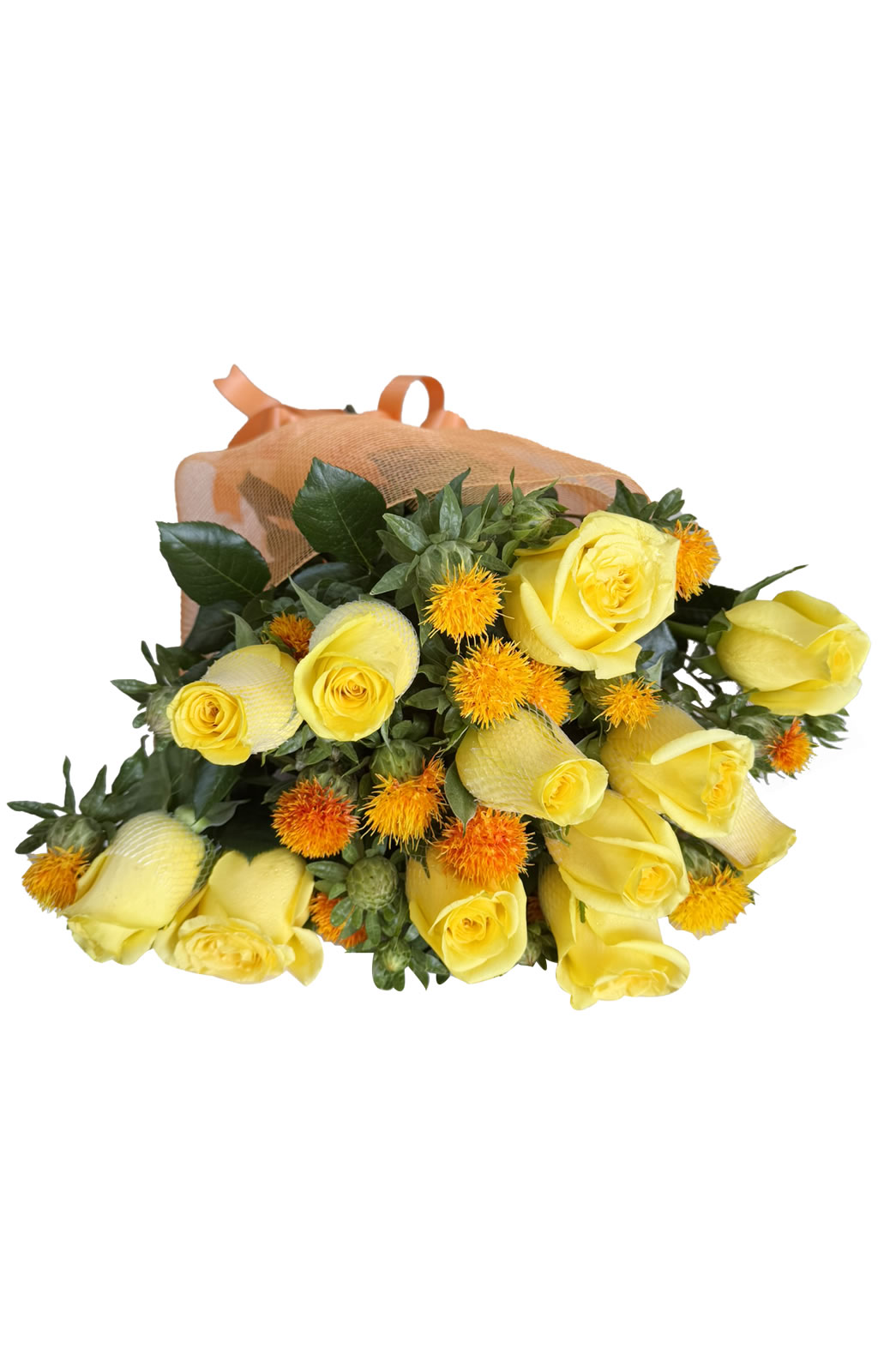 RAMO DE 12 ROSAS Y FOLLAJE EN MALLA