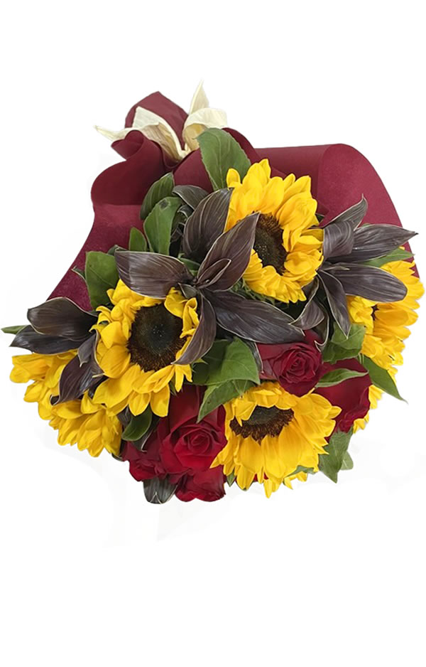 RAMO DE ROSAS Y GIRASOLES EN TELA