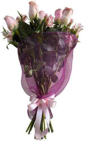 RAMO DE 12 ROSAS Y ASTROMELIAS EN MALLA